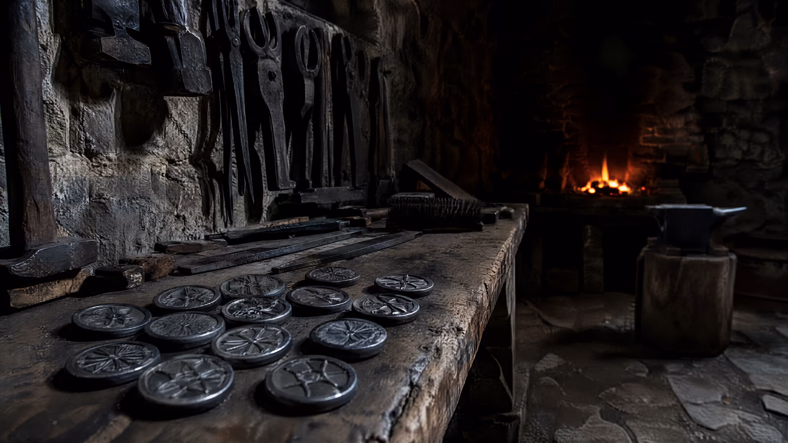 A forge tool bench, tools hung above and finished work lying cold on the timber.