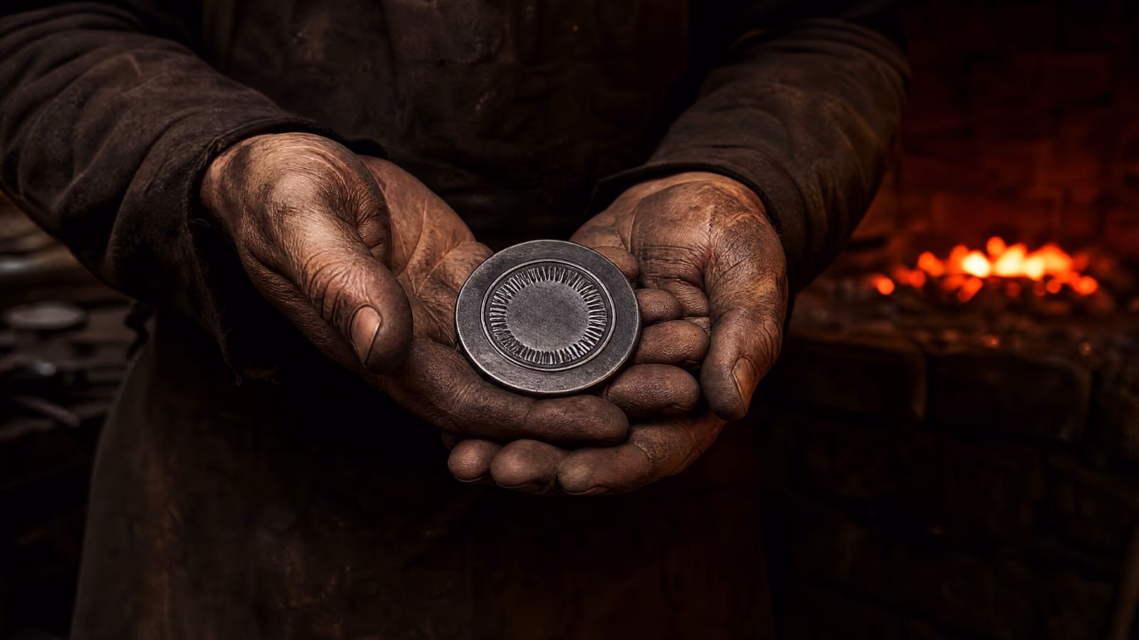 Working hands holding a finished steel seal.