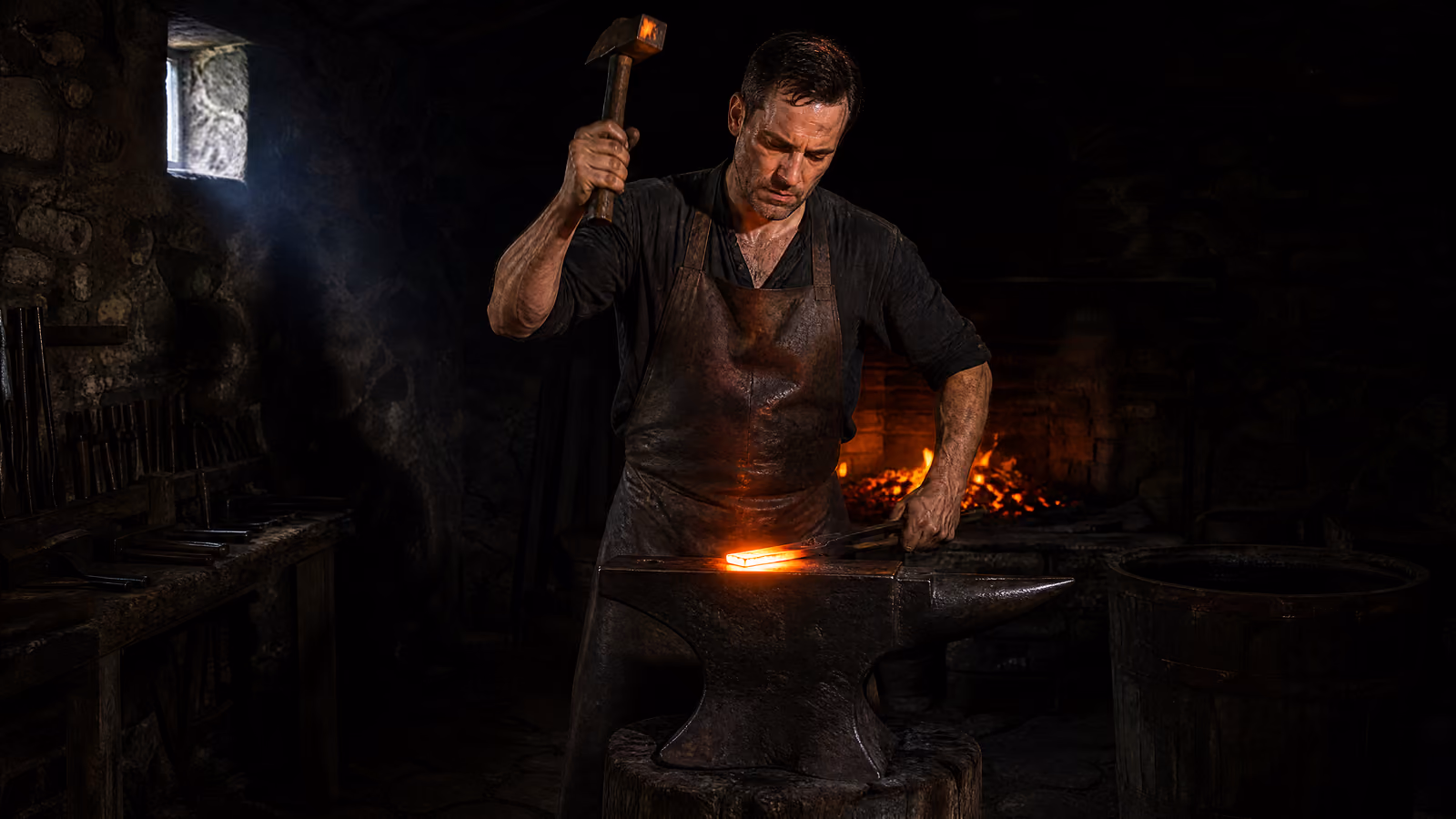 A blacksmith with the hammer raised above the anvil, sparks coming off the hot work beneath it.