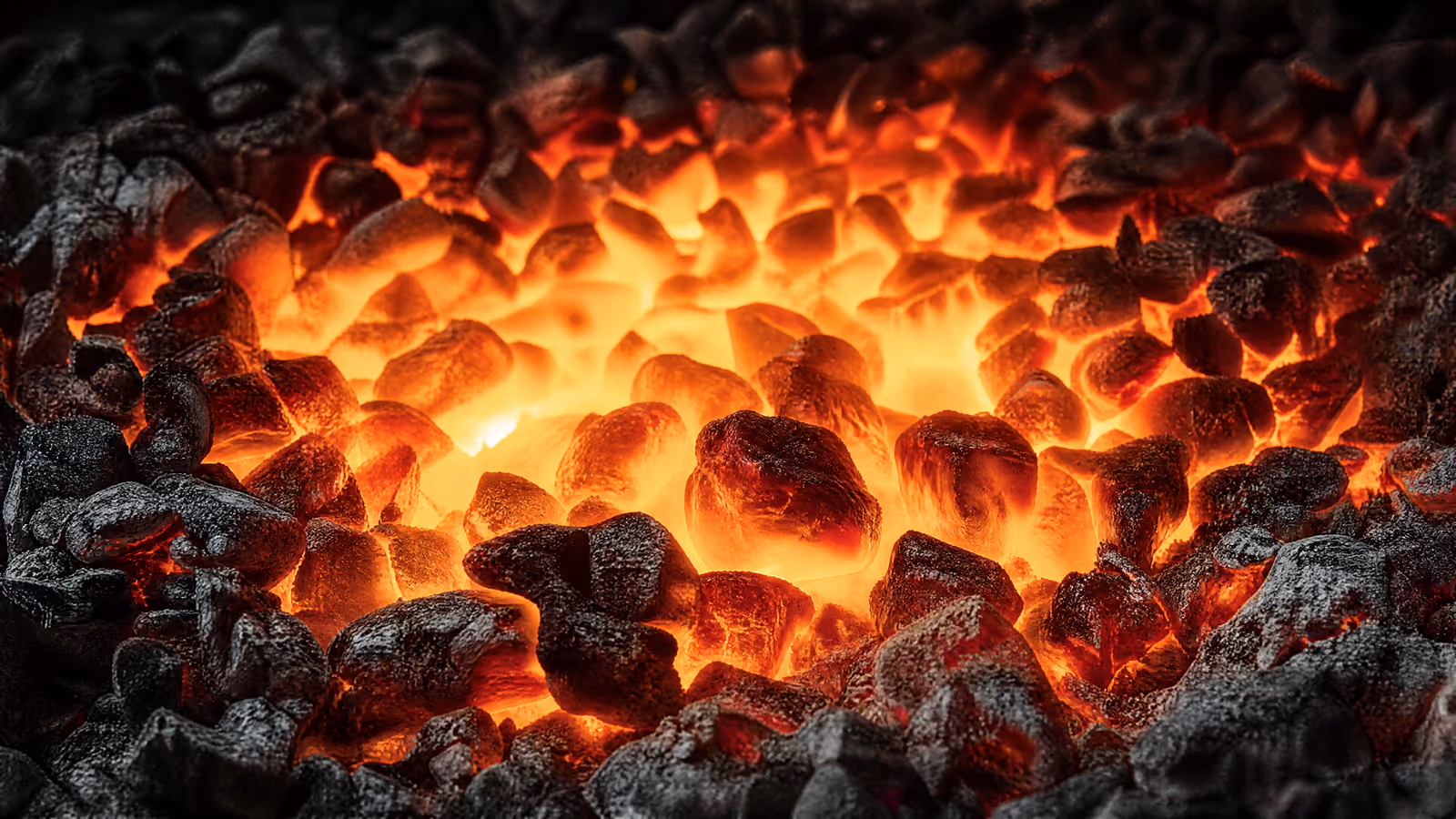 Coals breathing at working heat.