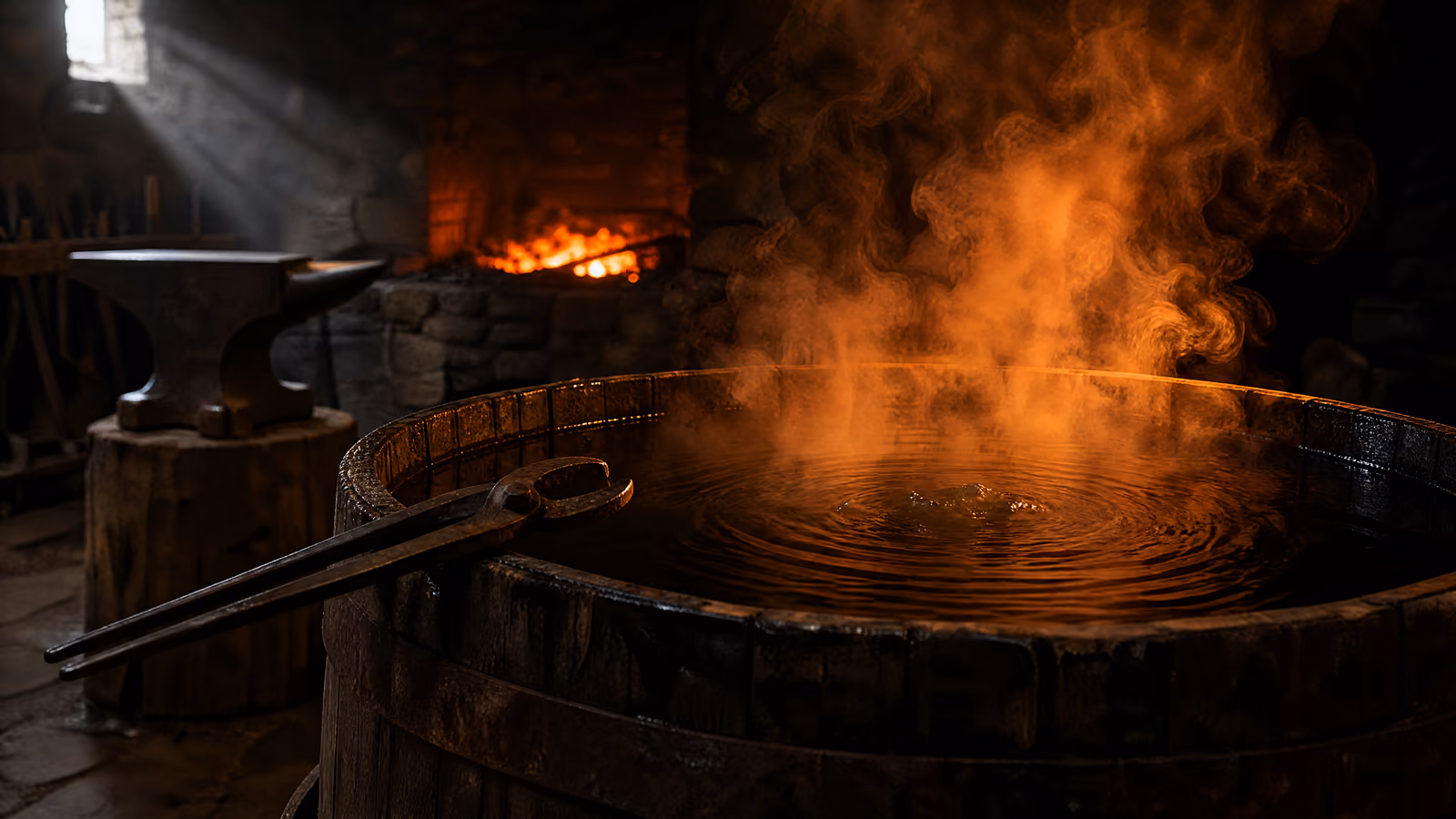 Steam rising off the quench tub.