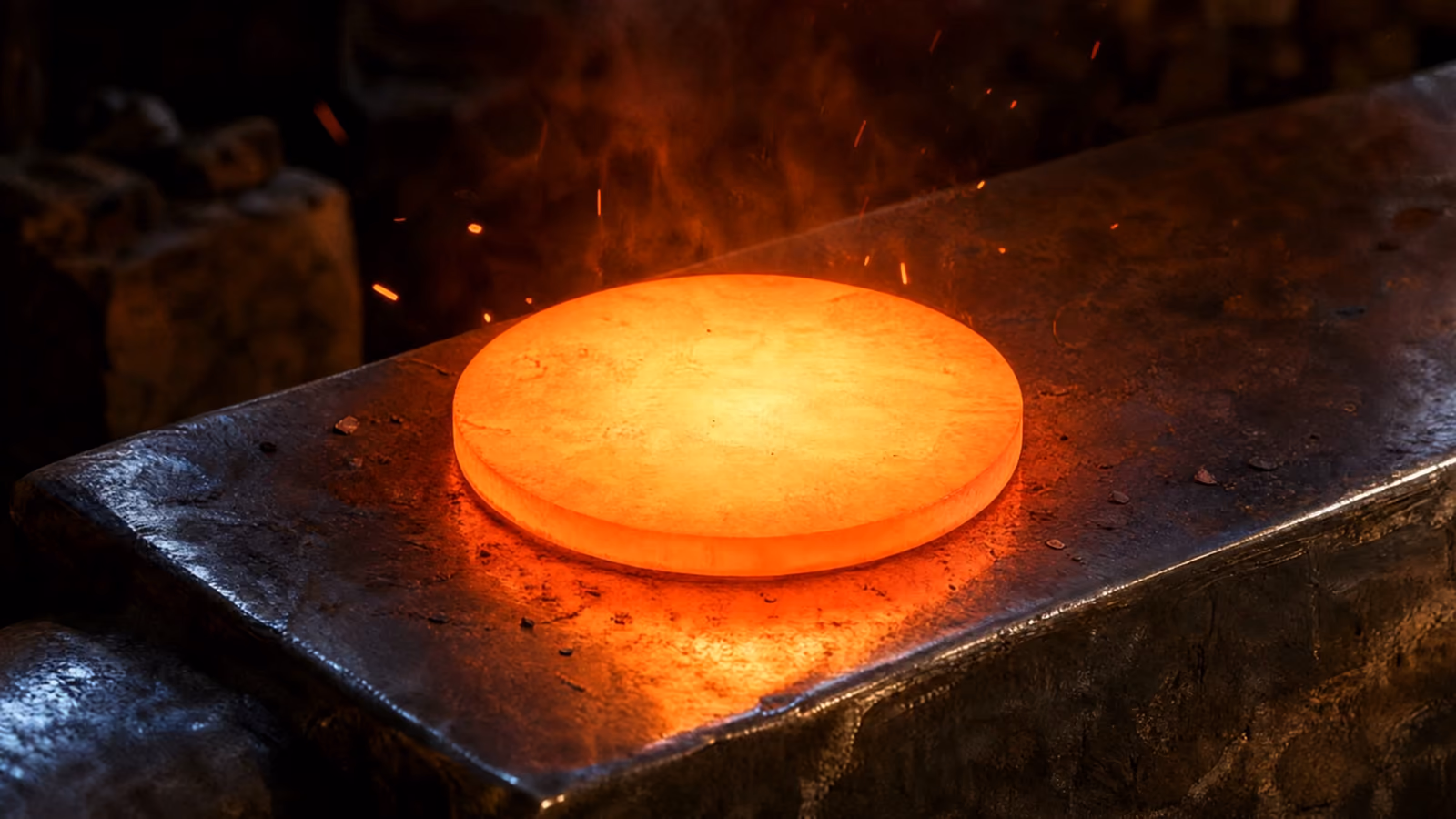 A steel disc at working heat on an anvil, cooling.